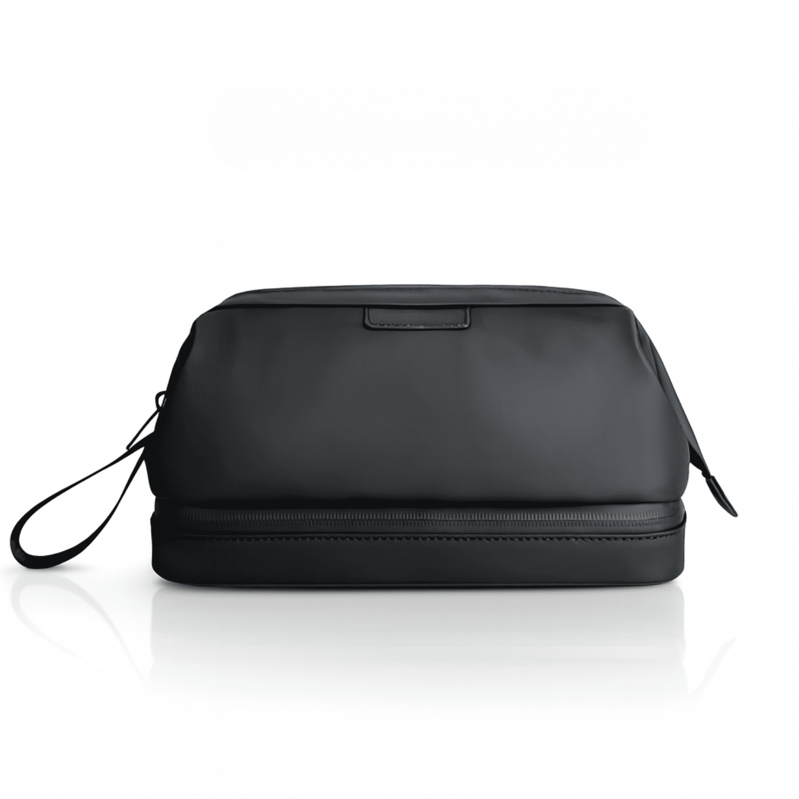 Trousse de toilette homme haut de gamme noire vue de face, design moderne avec double compartiment et finitions premium.