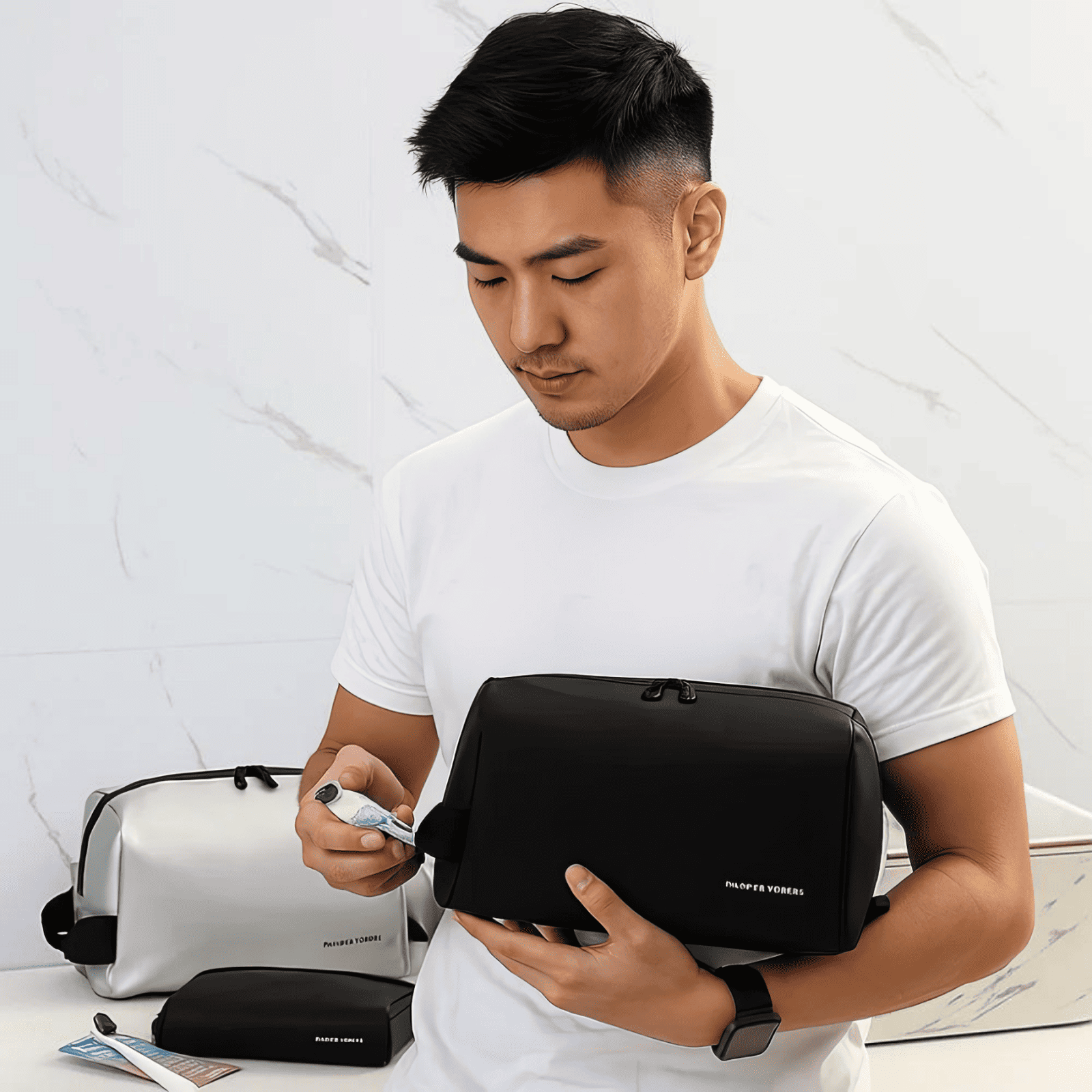 Homme utilisant une trousse de toilette imperméable noire Player Travel dans la salle de bain, modèle de voyage pratique.