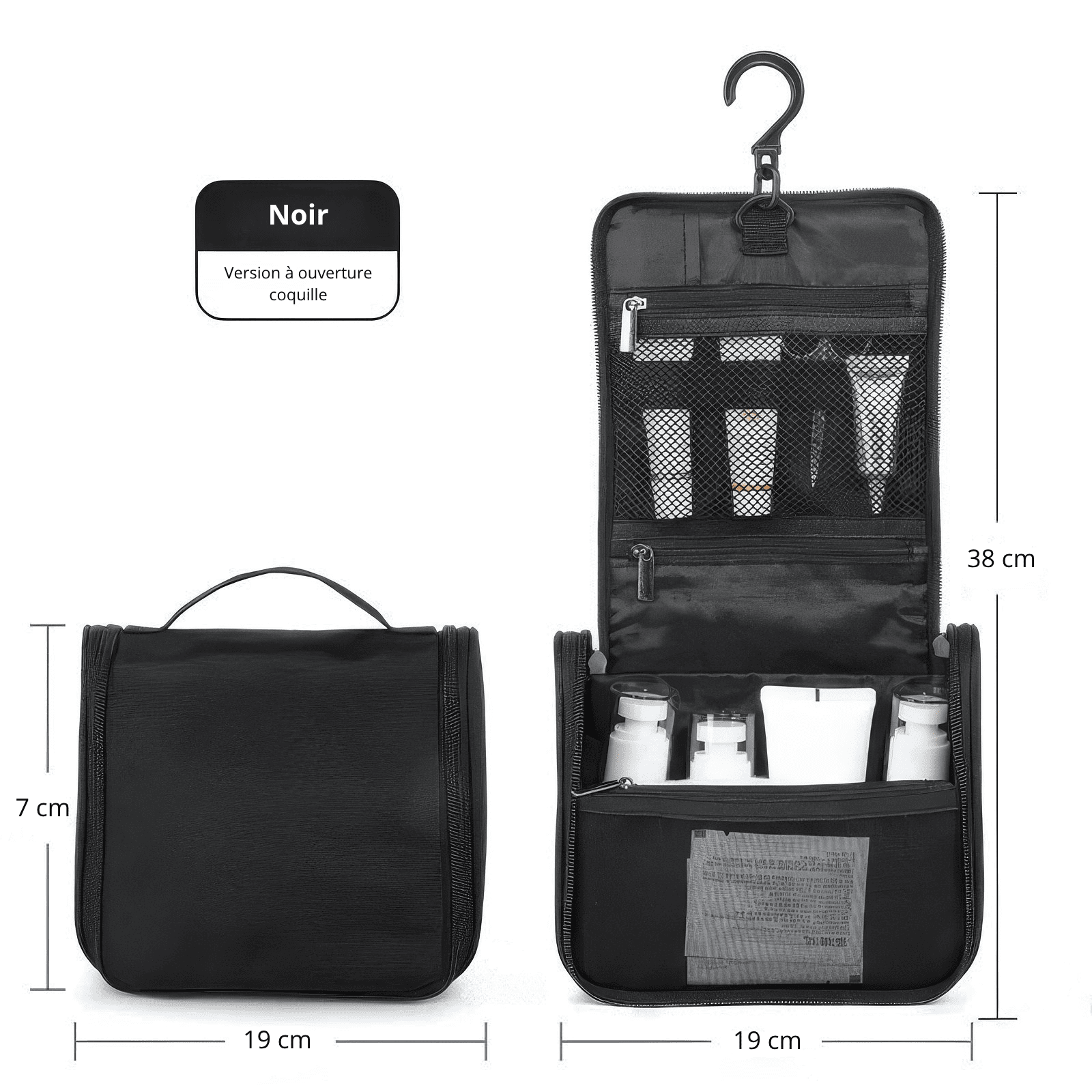 Trousse de toilette homme noire avec crochet suspendu et multiples compartiments pour les produits de soin.