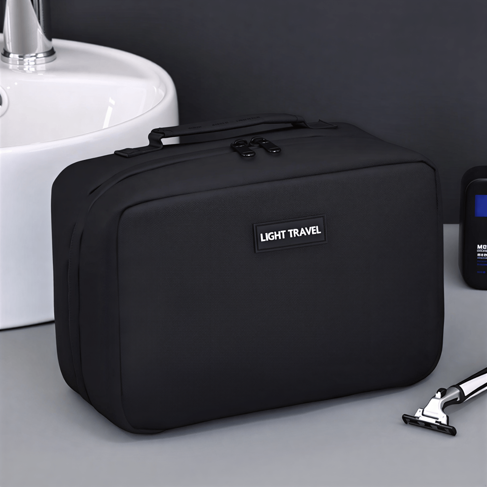 Trousse de toilette homme pliable noire Light Travel avec grande capacité de rangement