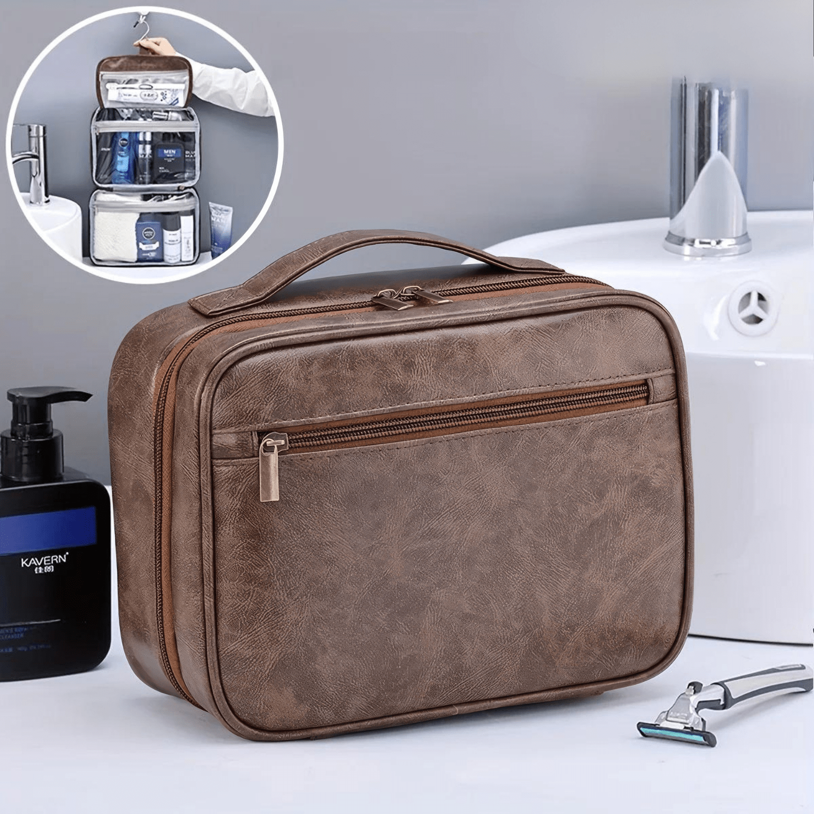 Trousse de toilette homme simili cuir 60 marron foncé avec compartiments suspendus