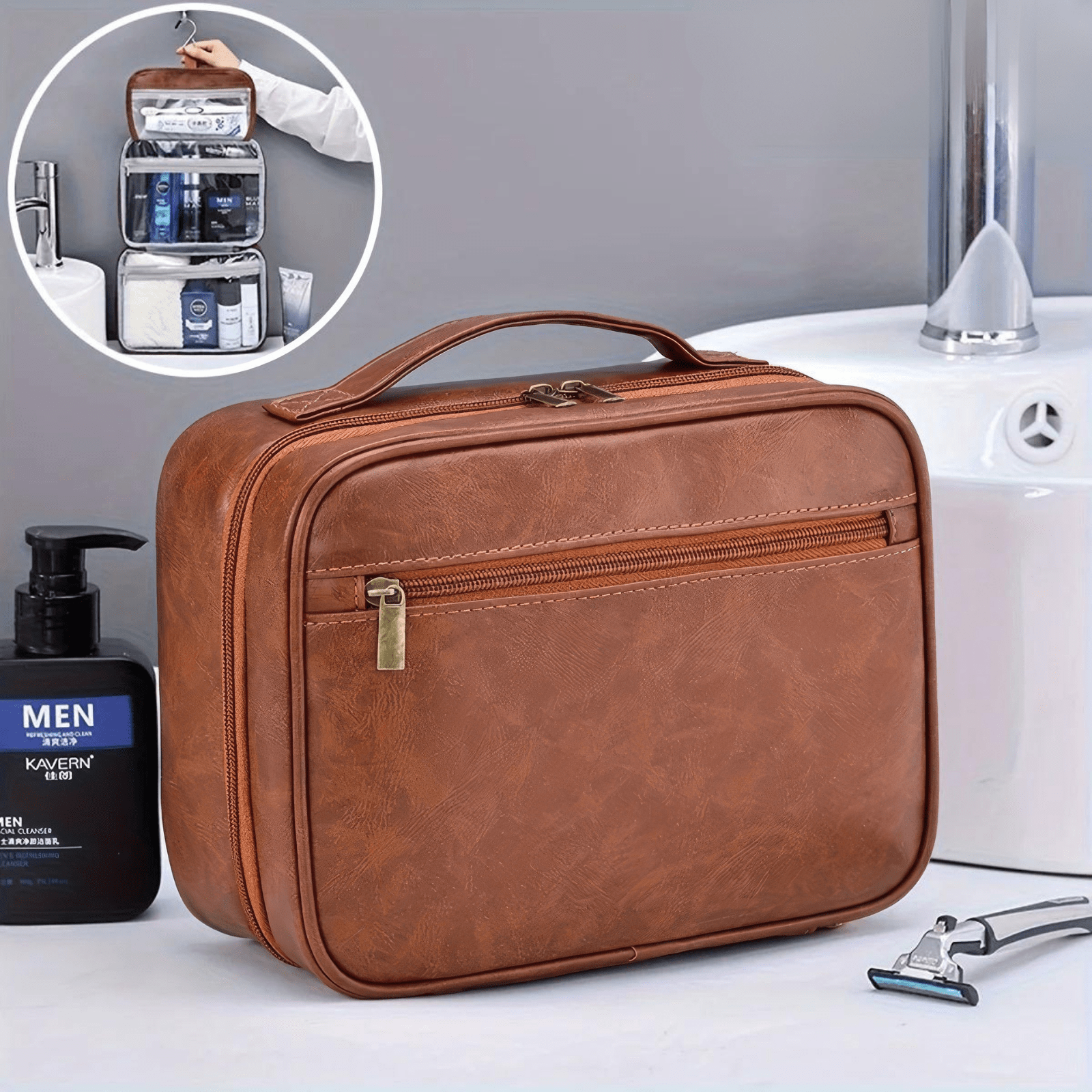 Trousse de toilette homme simili cuir 60 marron posée sur lavabo avec vue suspendue