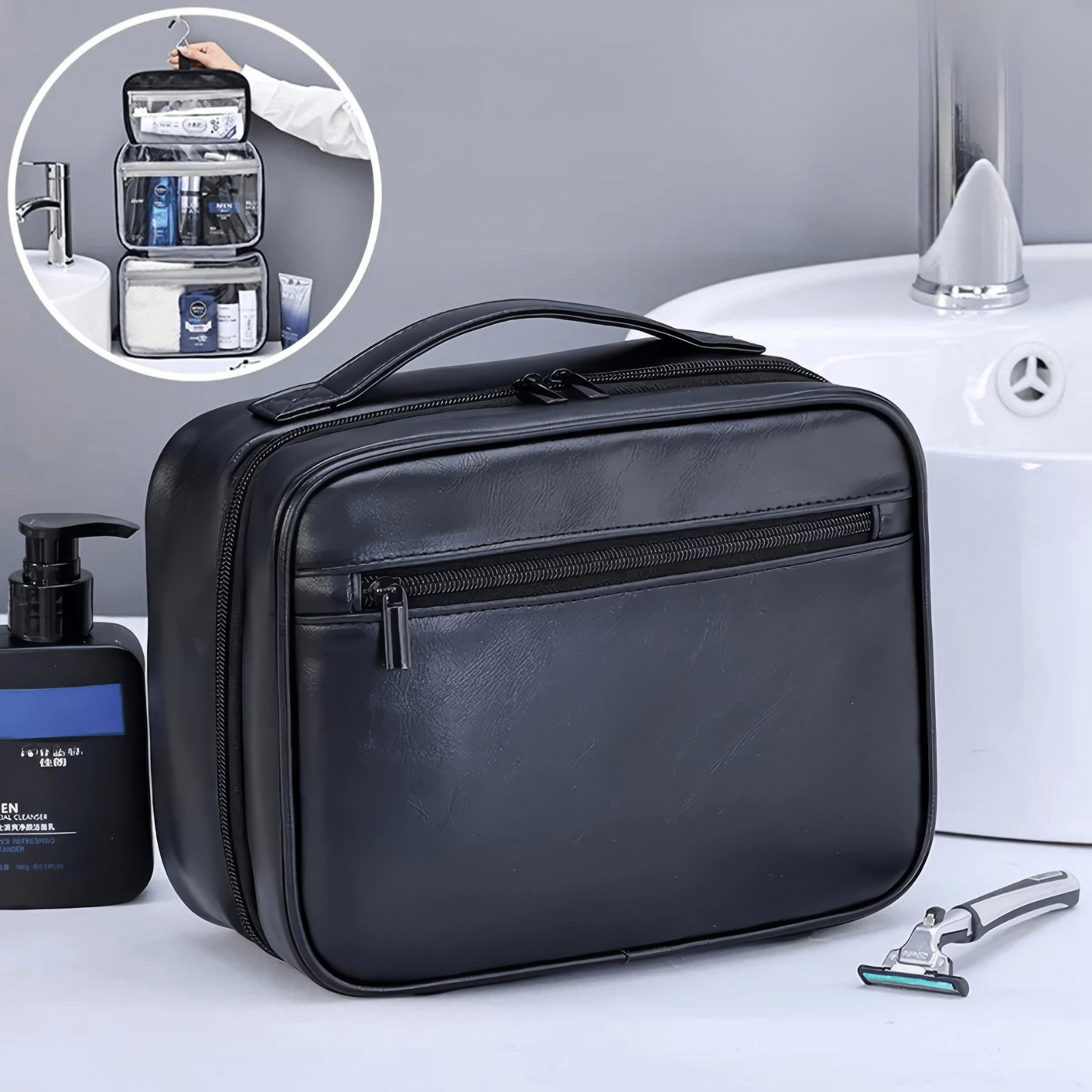 Trousse de toilette homme simili cuir 60 noire posée sur lavabo avec aperçu intérieur