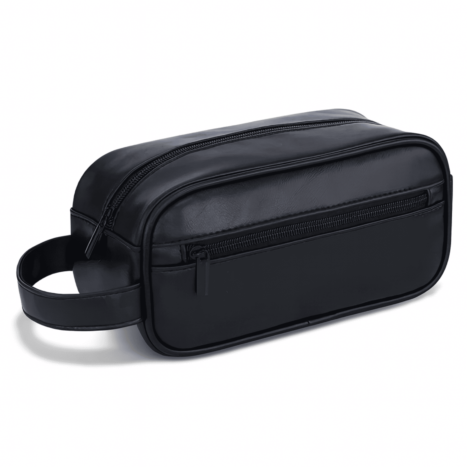Trousse de toilette homme en simili cuir noir, vue 3/4 sur fond blanc, fermeture zippée et poignée latérale.