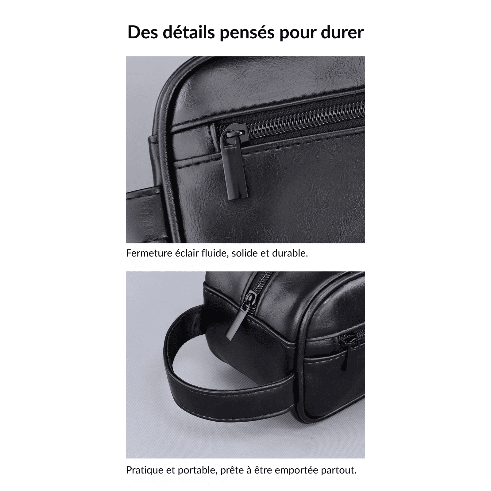 Détails de la trousse de toilette homme en simili cuir noir avec fermeture éclair solide et coutures renforcées.