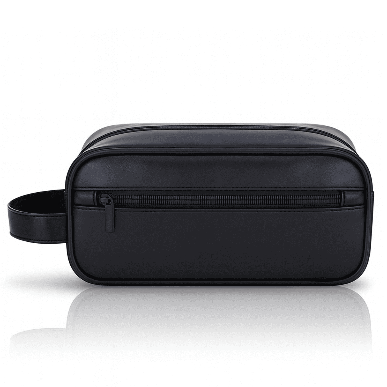 Trousse de toilette homme simili cuir noir, vue de face sur fond blanc, finition lisse et design minimaliste.