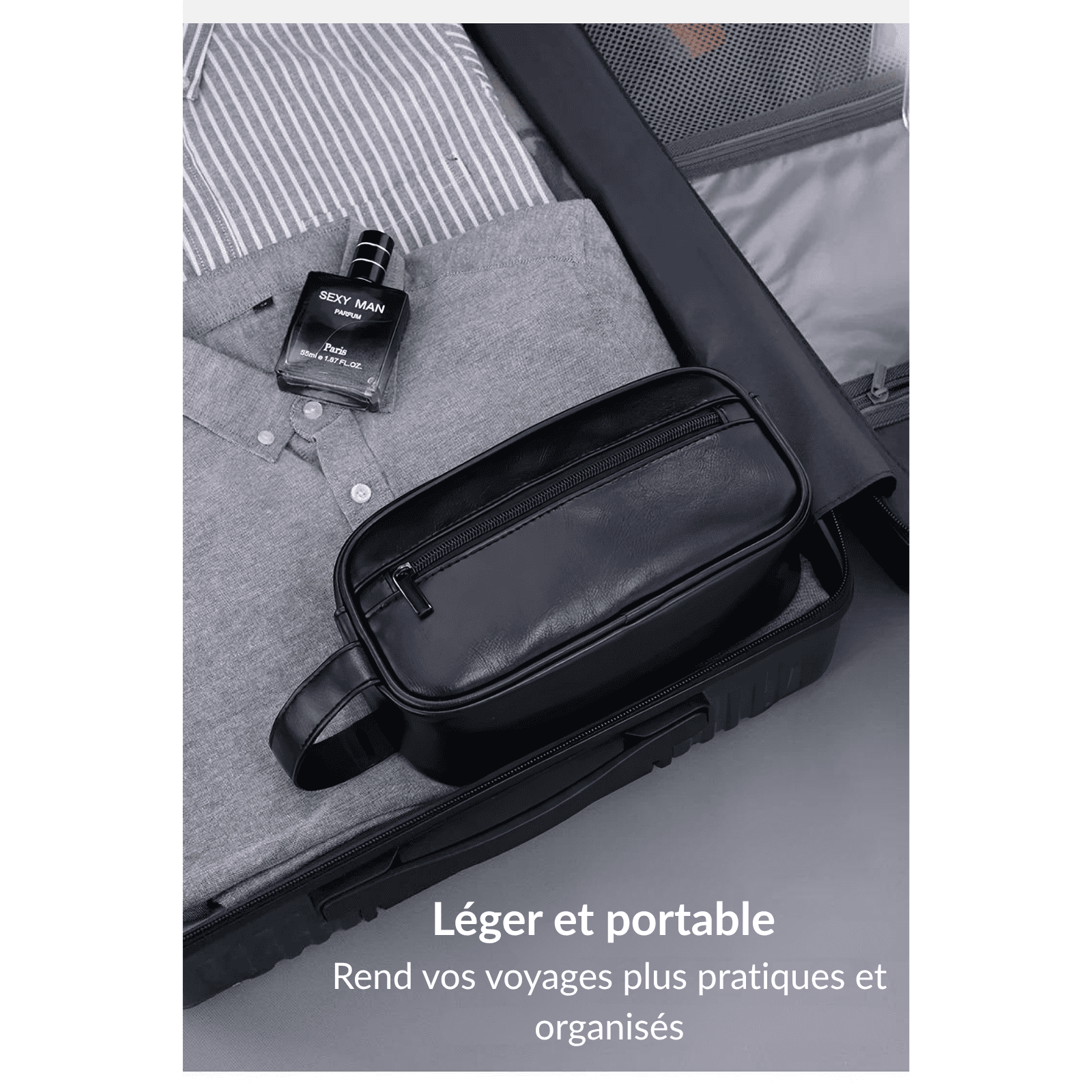 Trousse de toilette homme noire légère et portable en simili cuir, rangée dans une valise pour un voyage organisé.