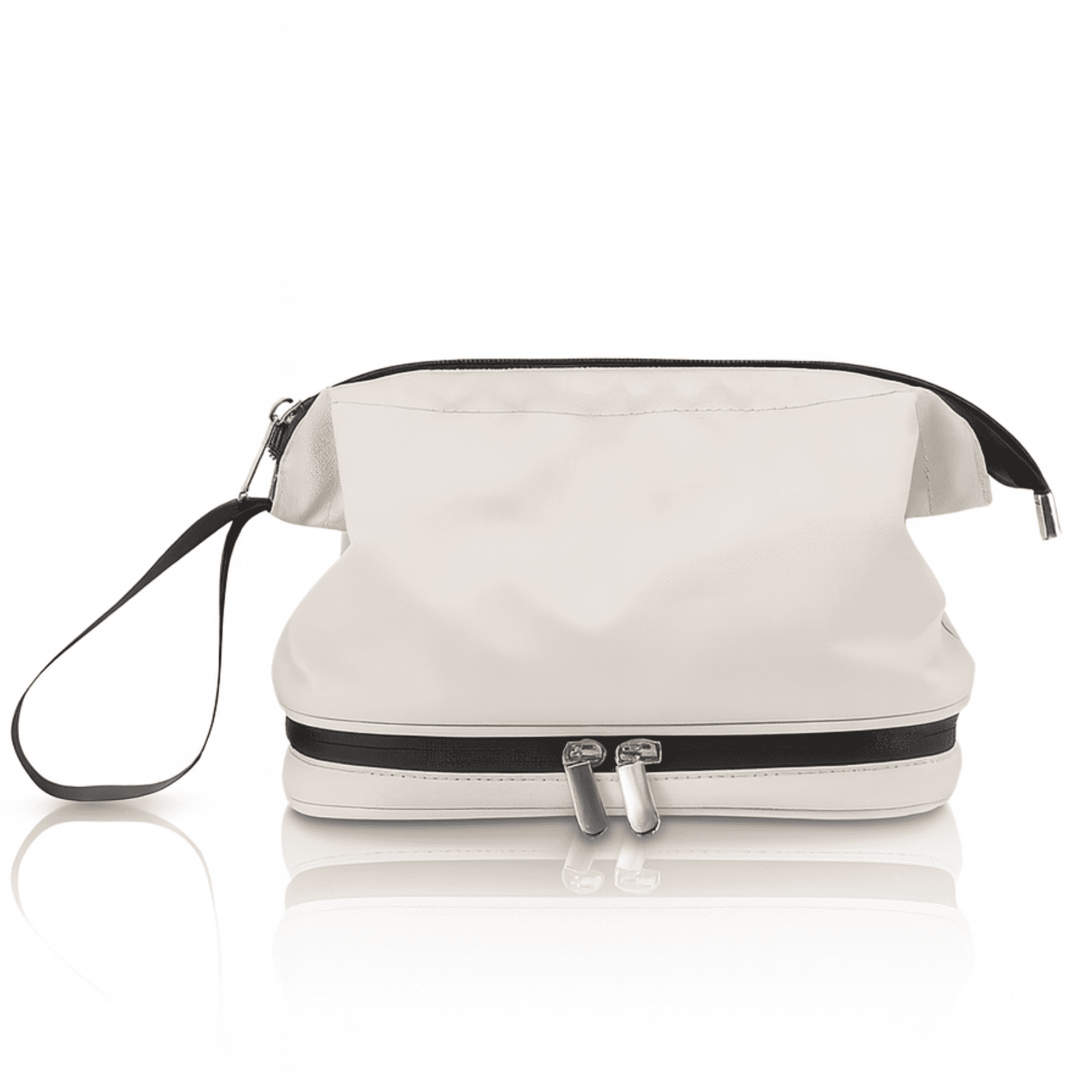 Trousse de toilette homme sport beige sable avec double fermeture éclair et poignée latérale, design élégant et compartiment inférieur pratique pour accessoires de voyage.