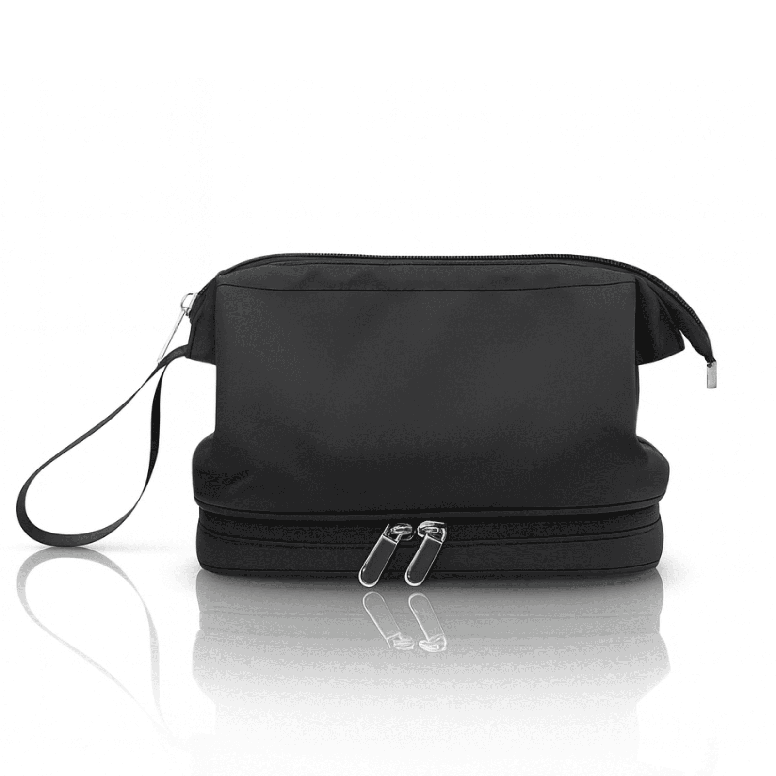 Trousse de toilette homme sport noire avec double compartiment et poignée latérale, idéale pour voyages, salle de sport ou week-end. Design élégant et imperméable.