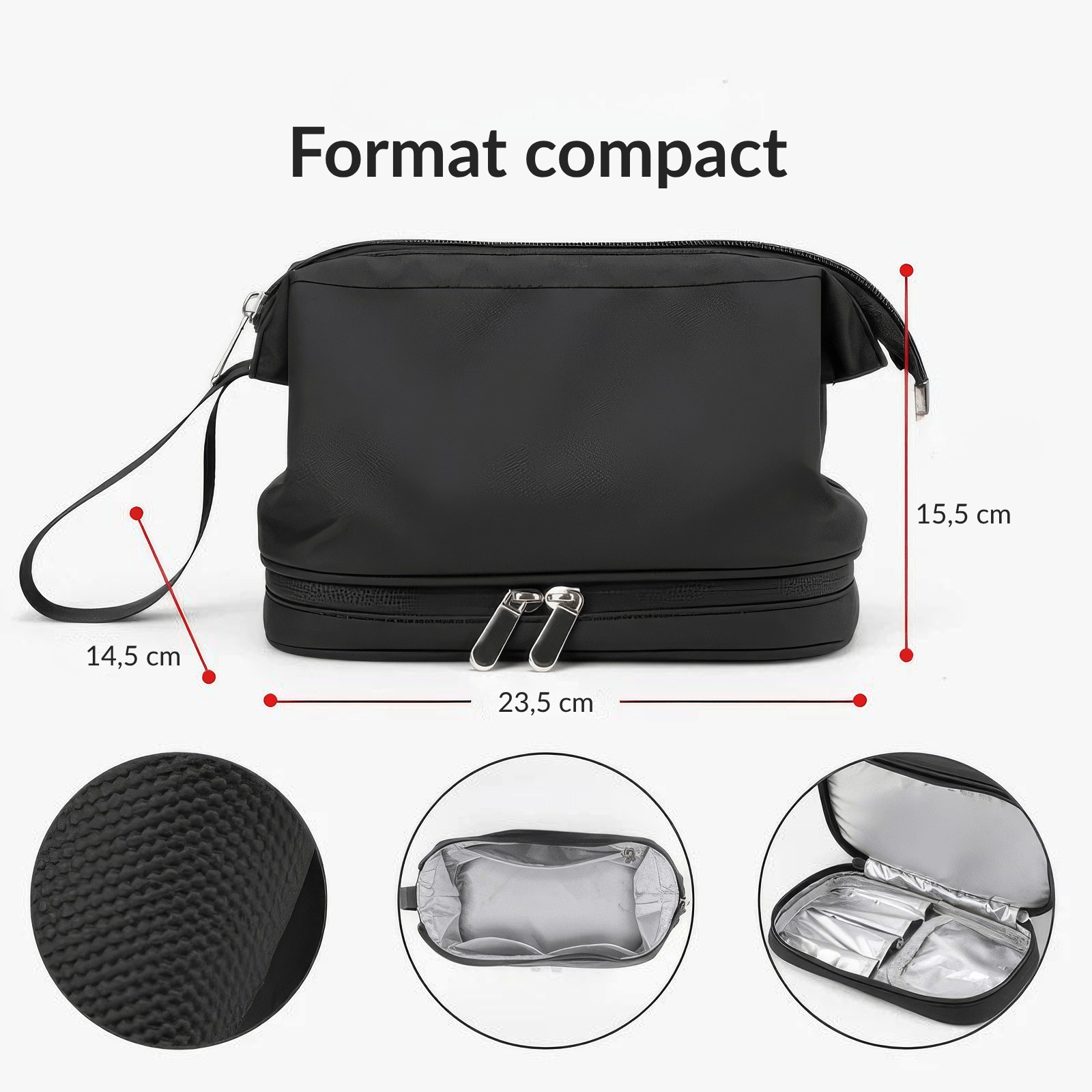 Trousse de toilette homme sport noire format compact 23,5 x 14,5 x 15,5 cm avec doublure étanche et base rigide