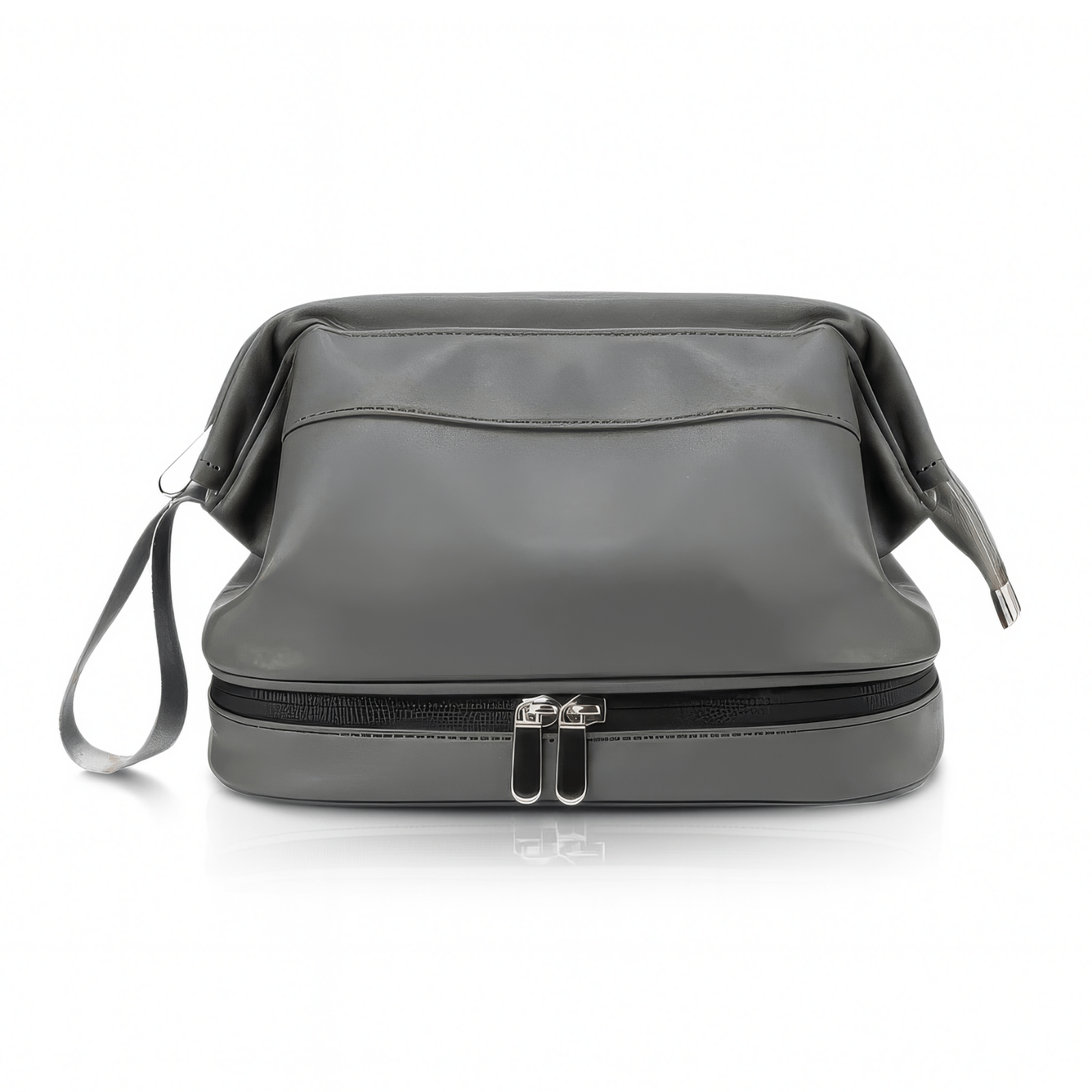 Trousse de toilette homme sport grise avec double fermeture éclair et design élégant.