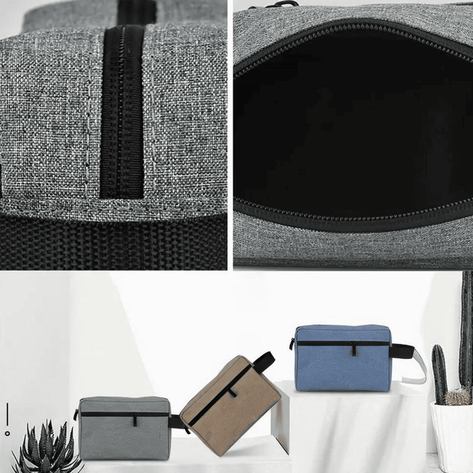 Trousse de toilette homme tissu grise et bleue avec intérieur spacieux et design moderne