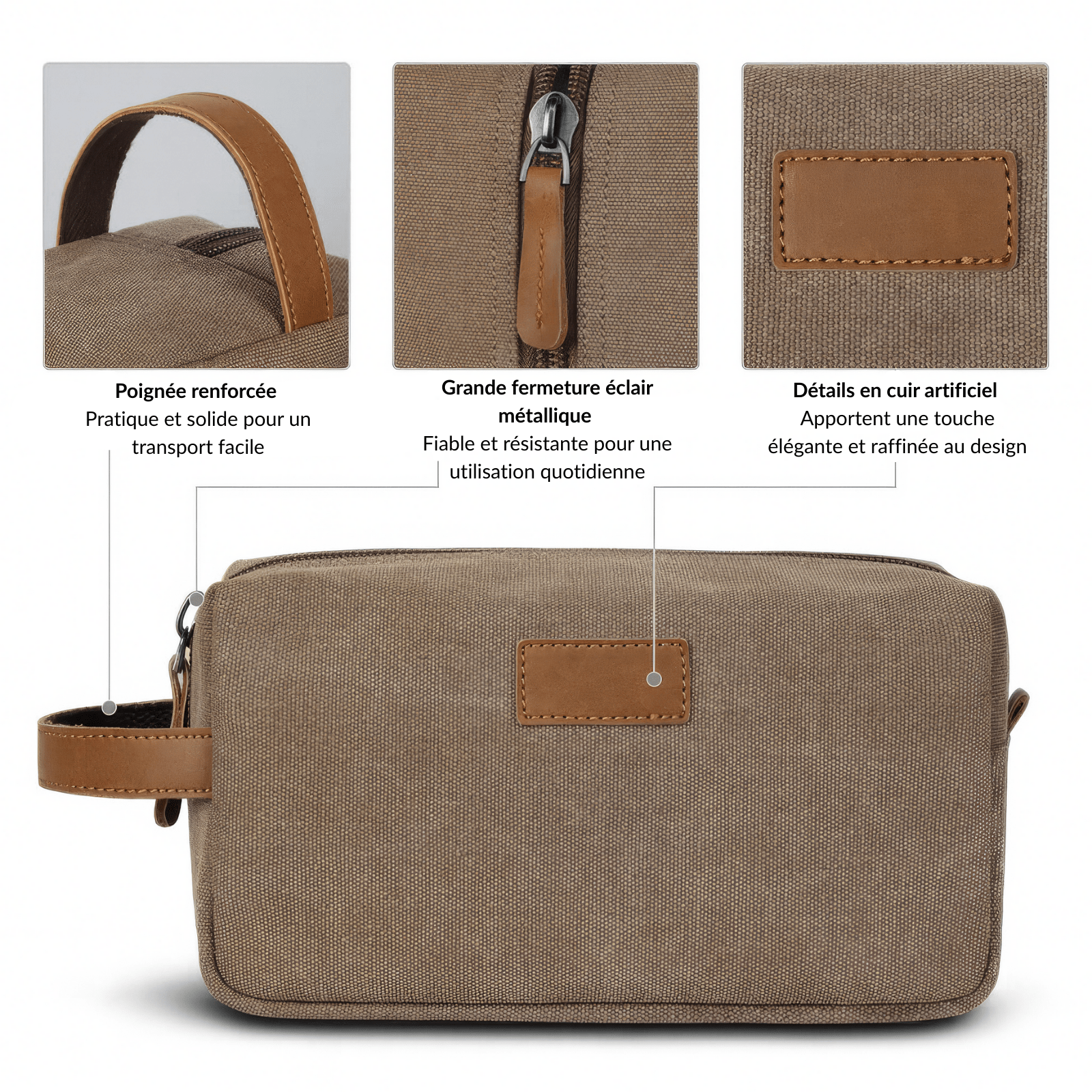 Trousse de toilette homme vintage en toile avec détails cuir et fermeture éclair robuste