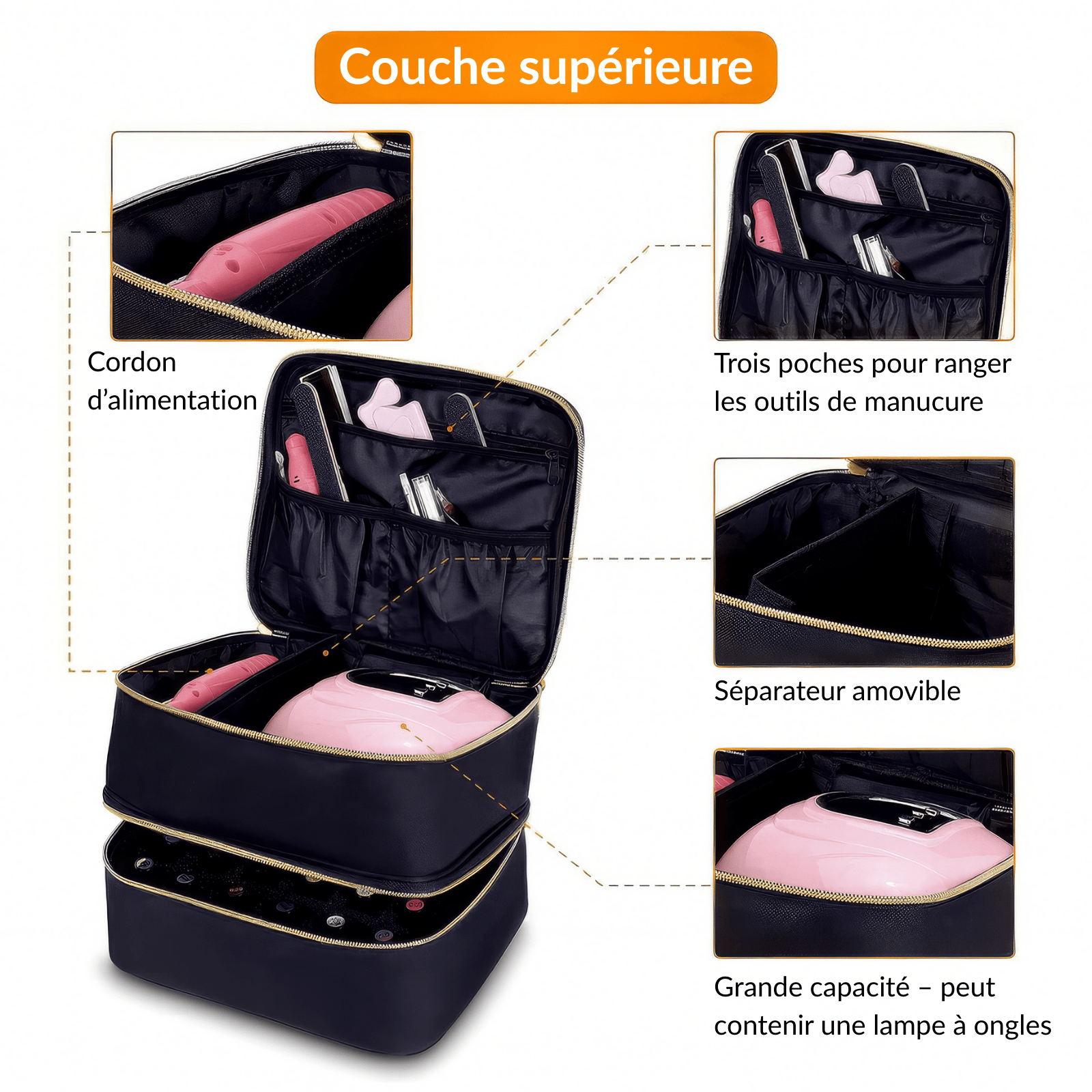 Trousse de toilette femme 2 compartiments avec couche supérieure, poches de rangement et séparateur amovible