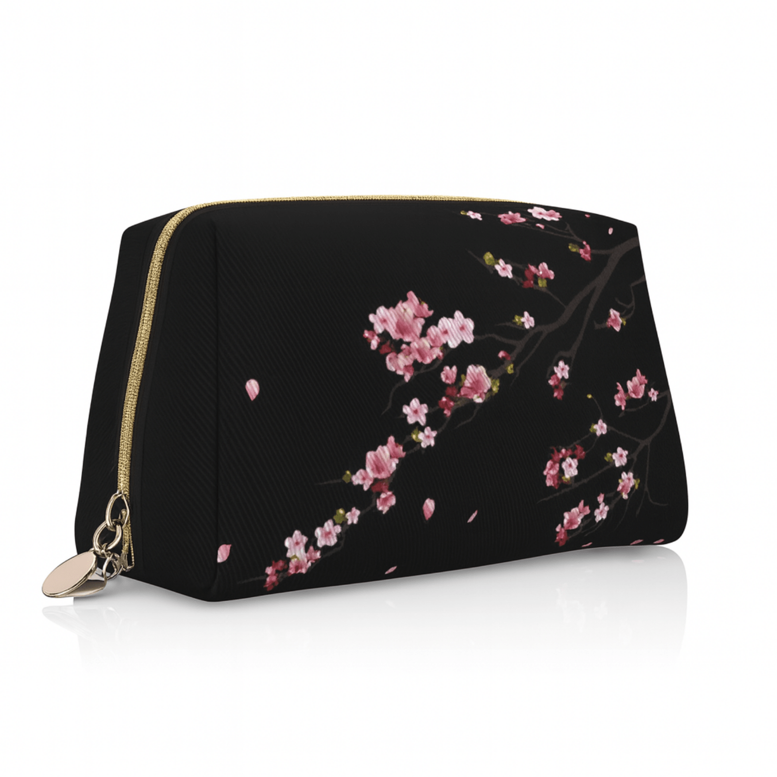 Trousse de toilette femme fleurie noire avec fermeture éclair dorée et motif fleurs de cerisier