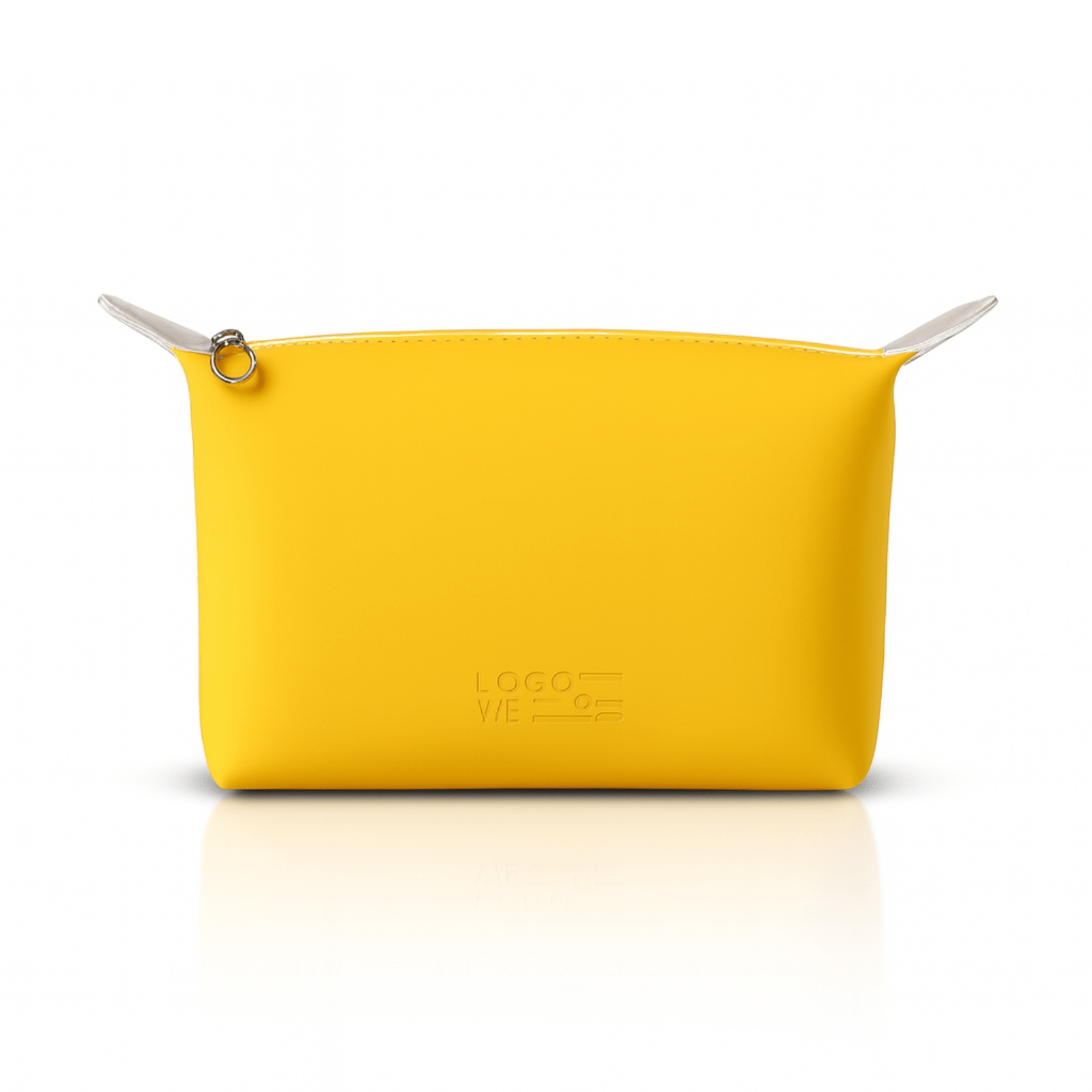 Trousse de toilette jaune simple et élégante avec fermeture éclair argentée.