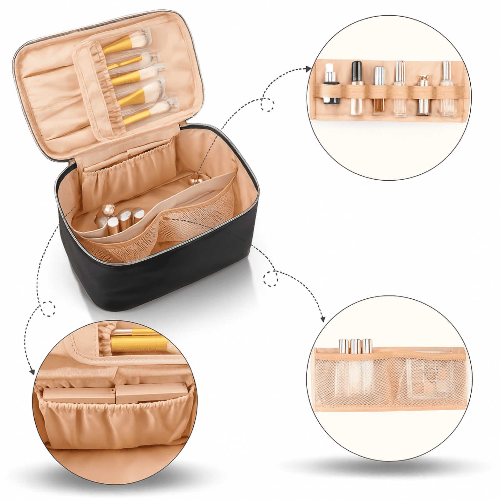 Trousse de toilette femme maquillage noire ouverte avec compartiments, rangements pour pinceaux et poches filet