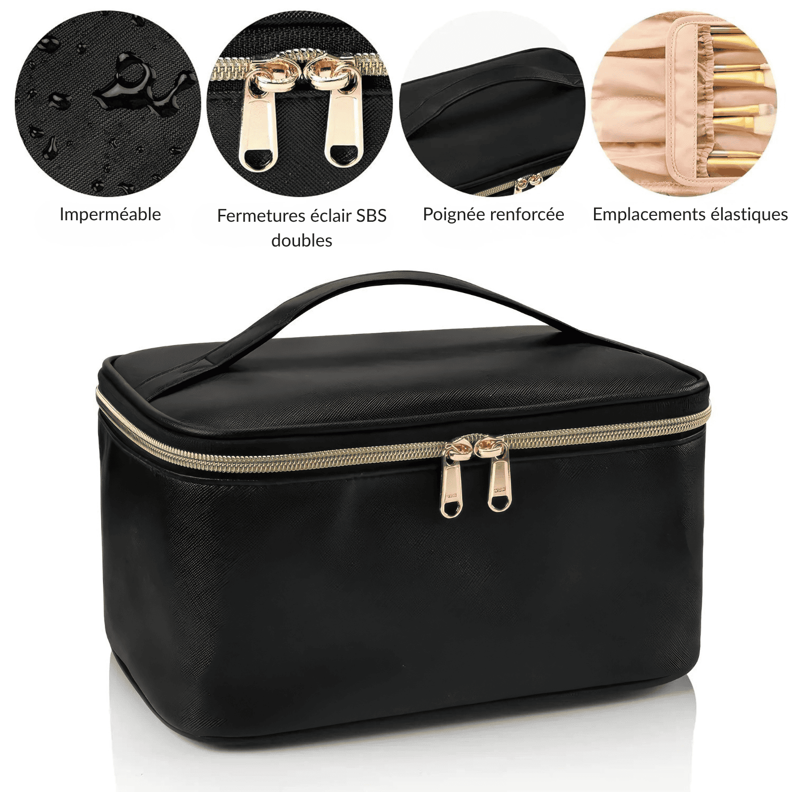 Trousse de toilette femme maquillage noire avec tissu imperméable, double fermeture éclair dorée et poignée renforcée
