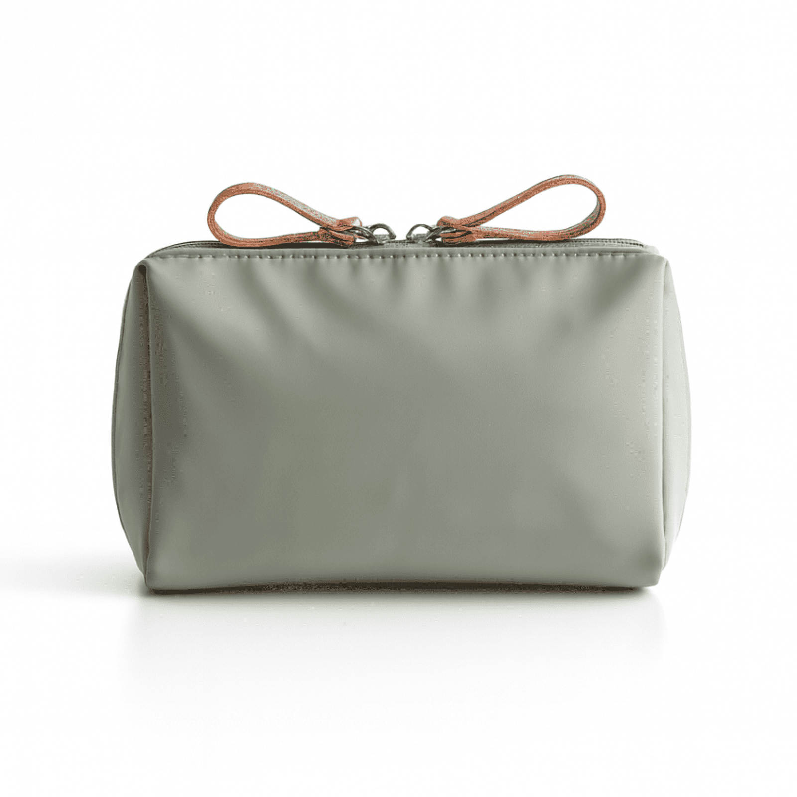 Trousse de toilette femme plate verte vue de face avec fermetures éclair et poignées marron