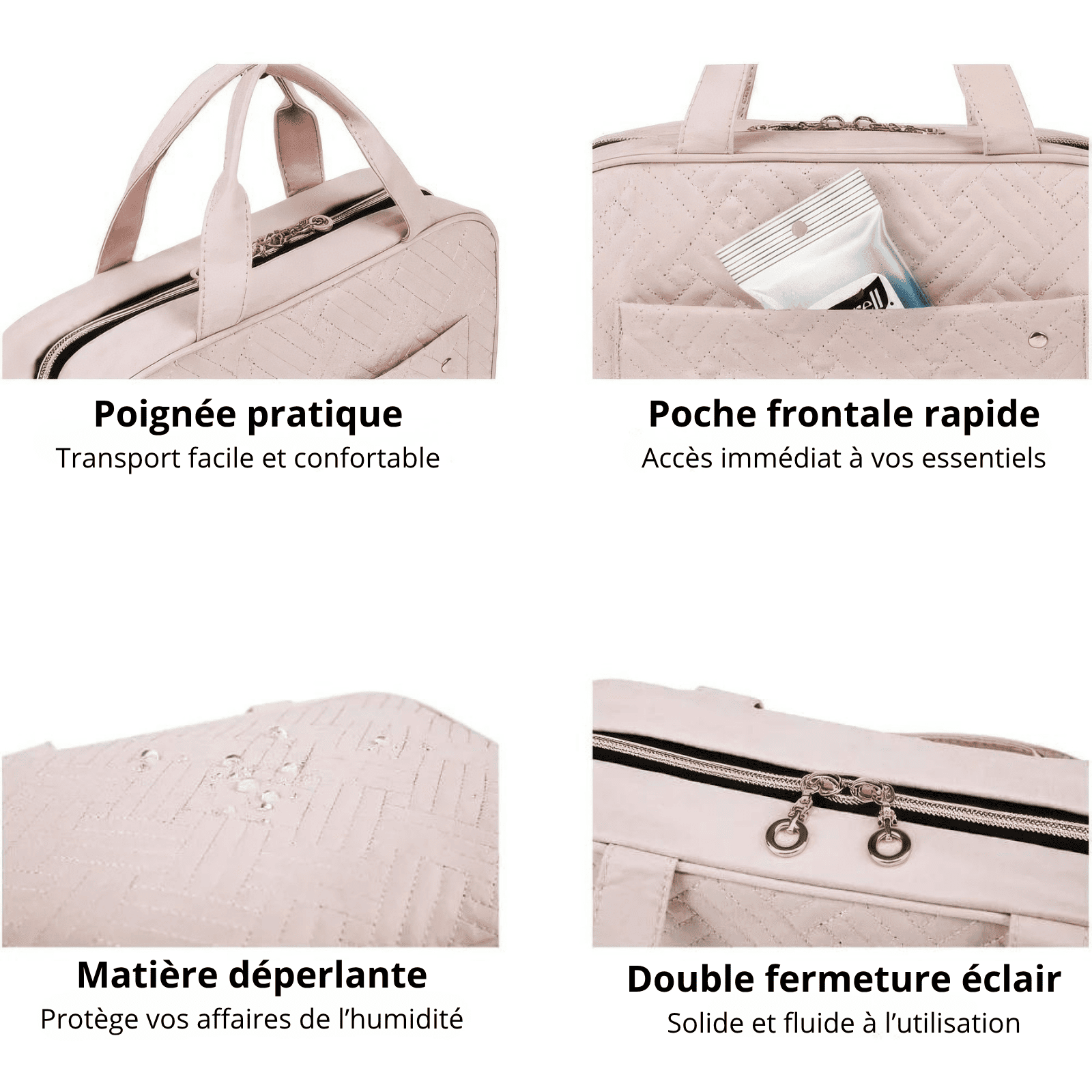 Trousse de toilette femme pratique avec poignée confortable, poche frontale rapide, matière déperlante et double fermeture éclair