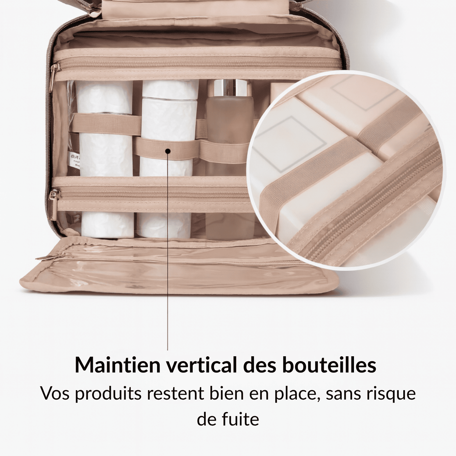 Intérieur trousse de toilette femme pratique, maintien vertical des bouteilles avec sangles élastiques pour éviter les fuites