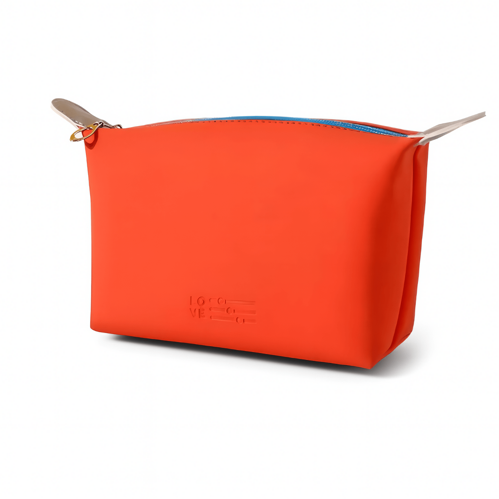 Trousse de toilette orange unie avec fermeture éclair et finitions sobres.
