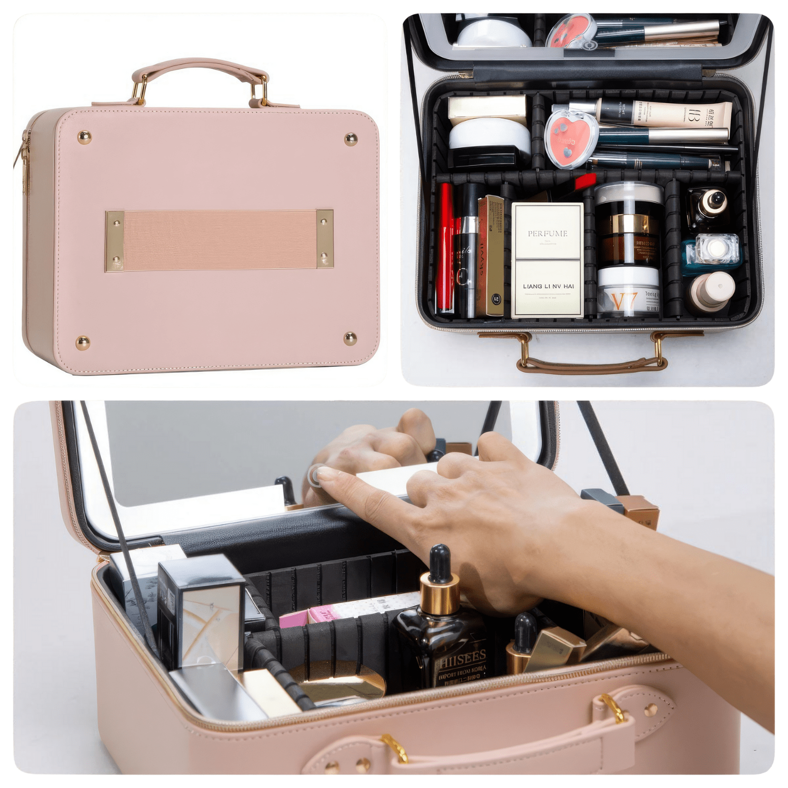 Trousse de toilette femme simili cuir rose avec miroir intégré et rangements pour maquillage