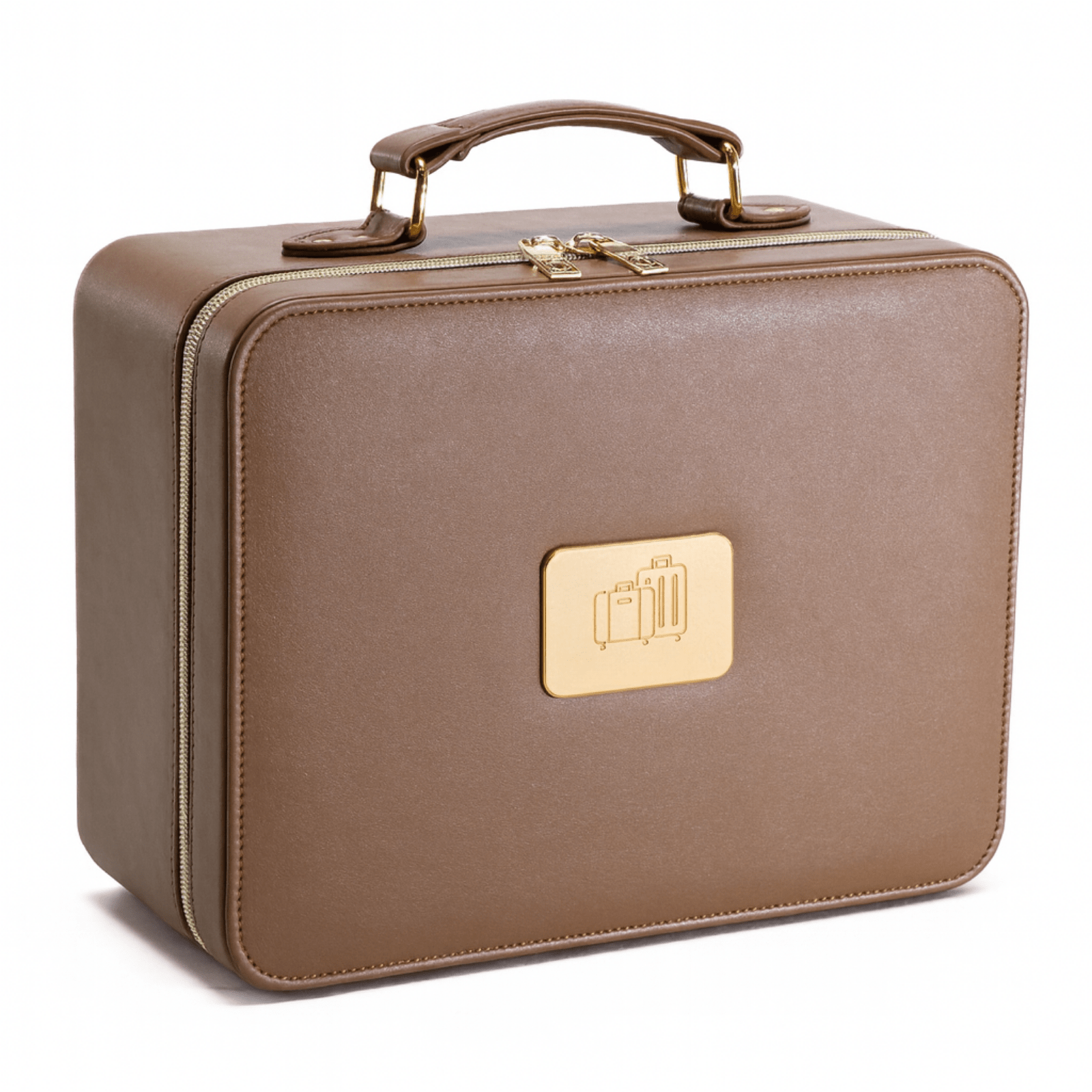 Trousse de toilette femme simili cuir marron avec poignée et logo doré