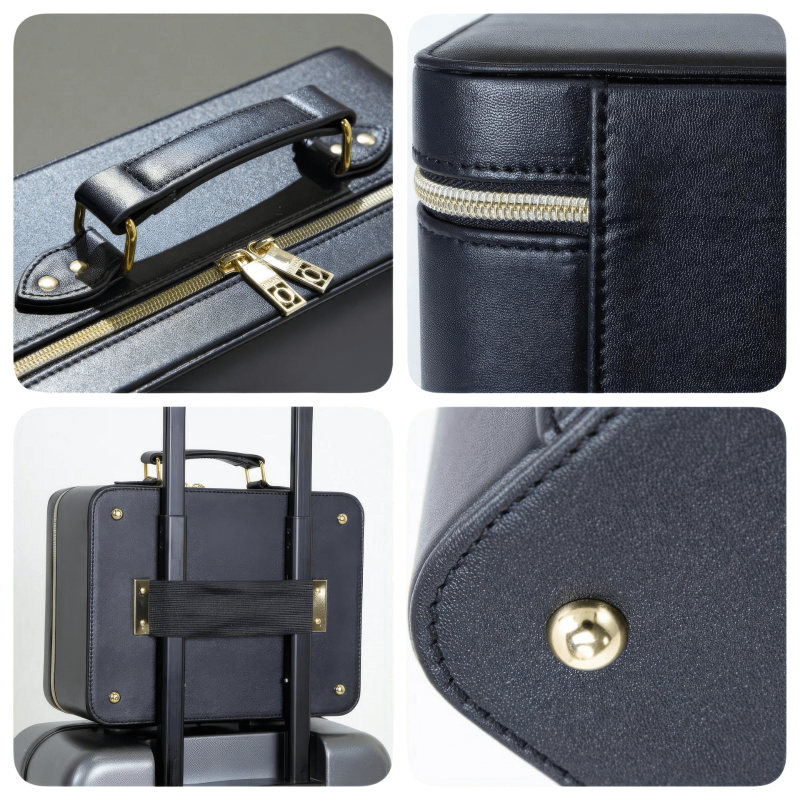 Trousse de toilette femme simili cuir noire élégante avec poignée robuste et fixations dorées