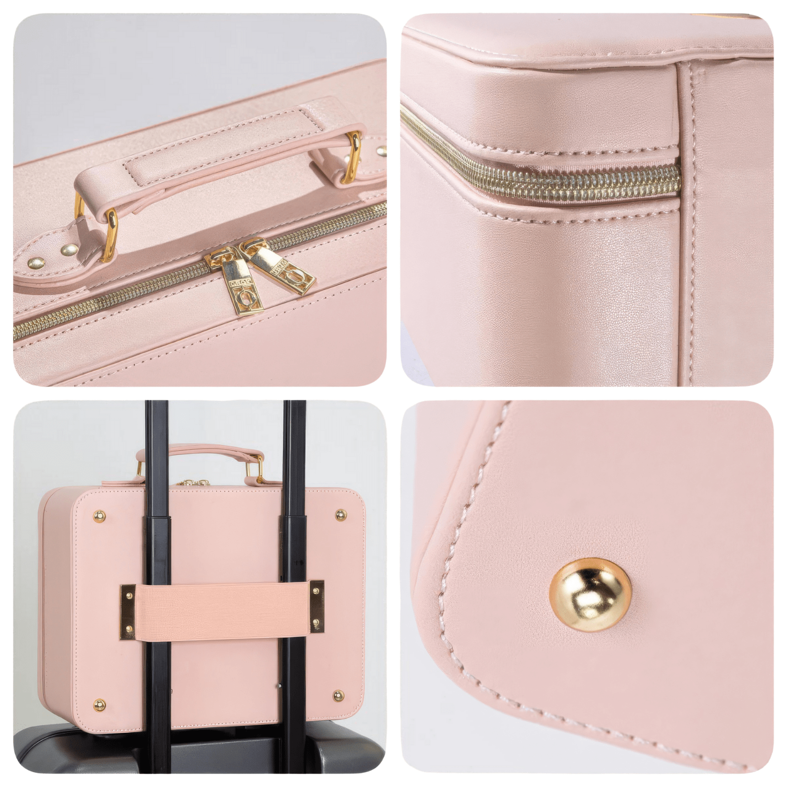 Trousse de toilette femme simili cuir rose clair avec poignée renforcée, fermetures dorées et fixation valise