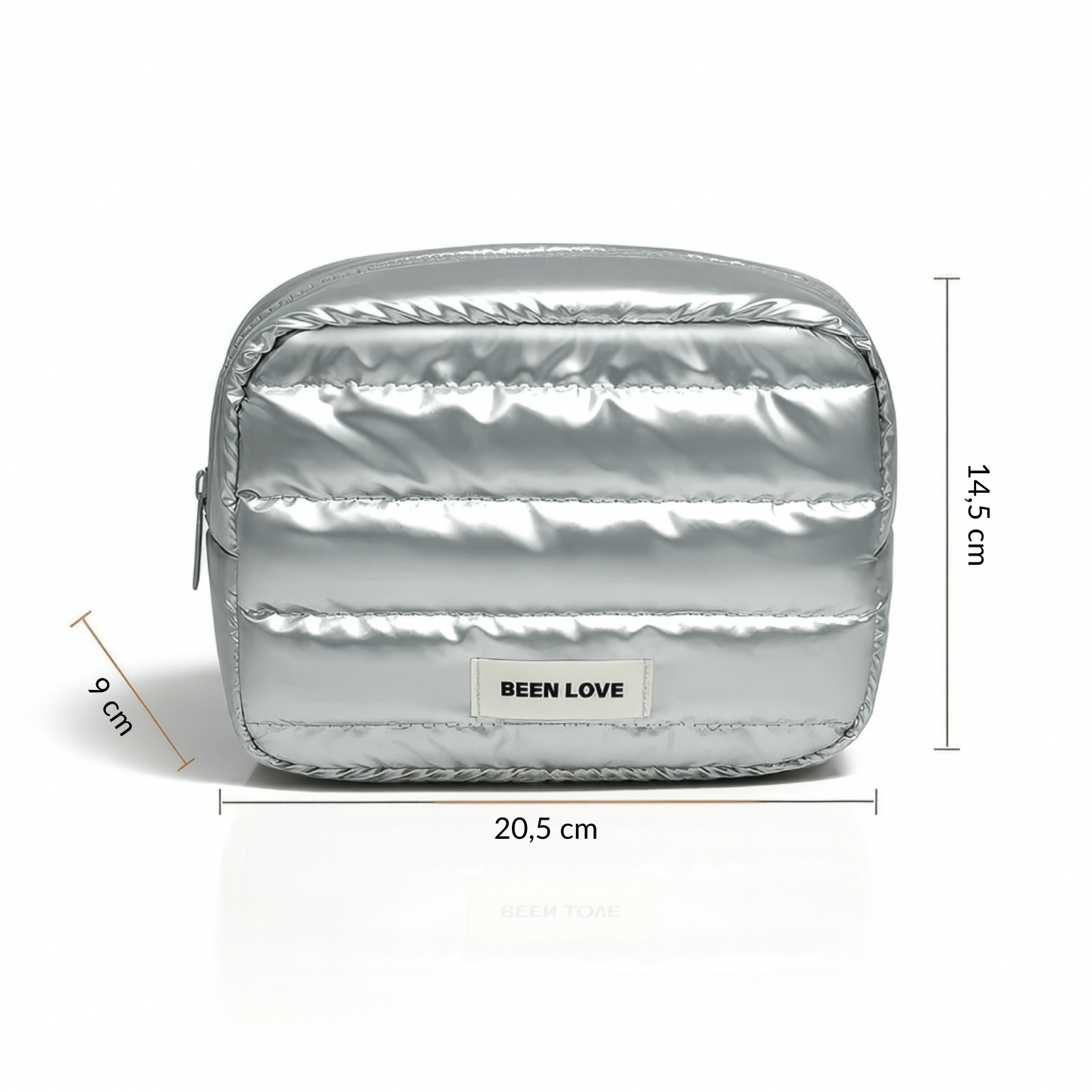 Trousse de toilette femme souple argentée 20,5 x 14,5 x 9 cm avec logo Been Love