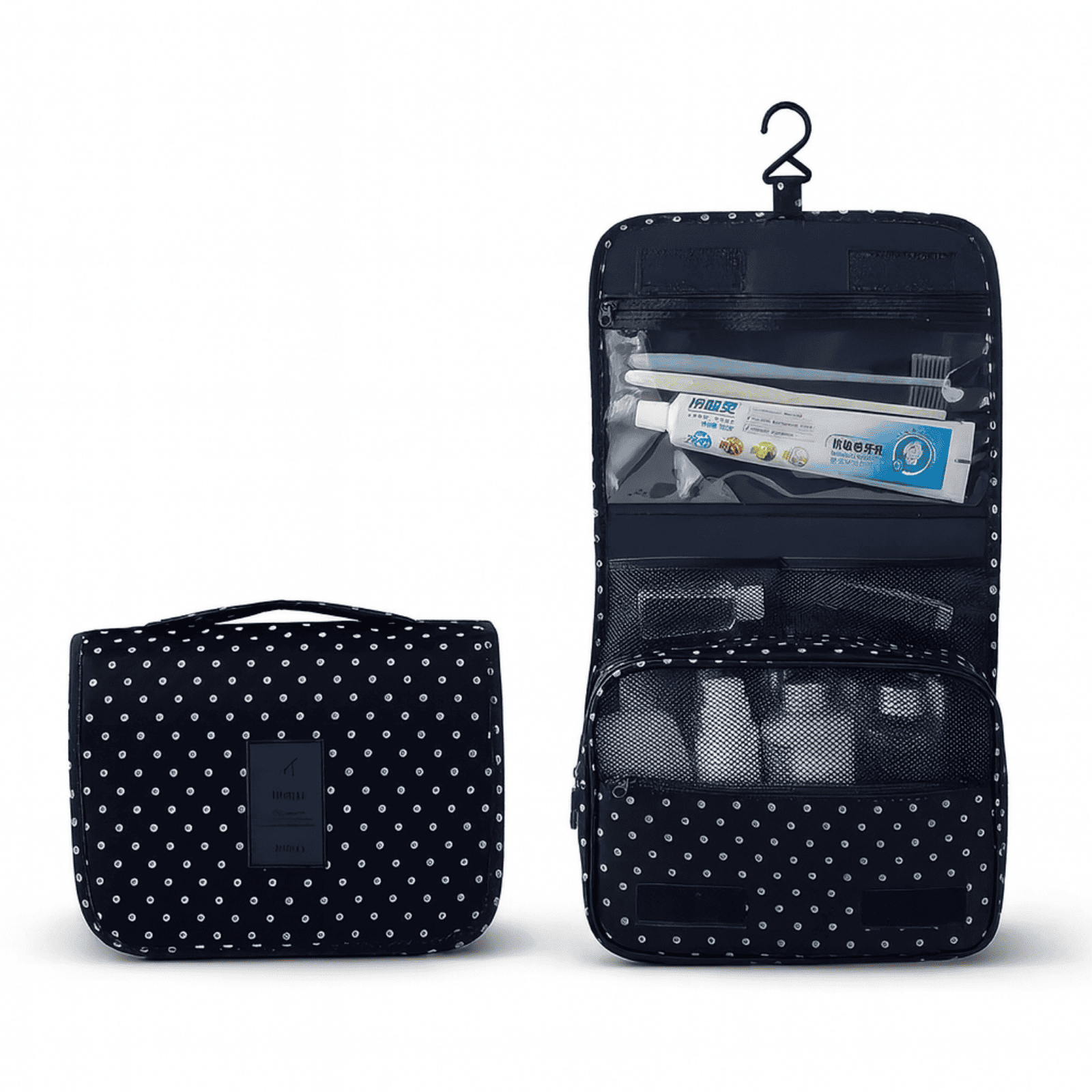 Trousse de toilette femme à suspendre noire à pois avec crochet