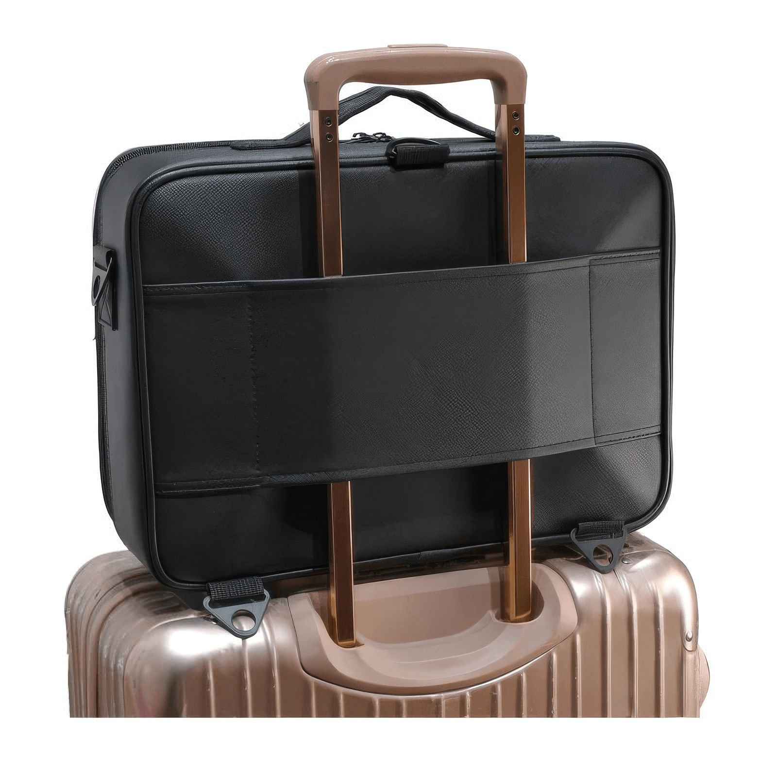 Trousse de toilette femme XXL noire fixée sur valise avec sangle arrière