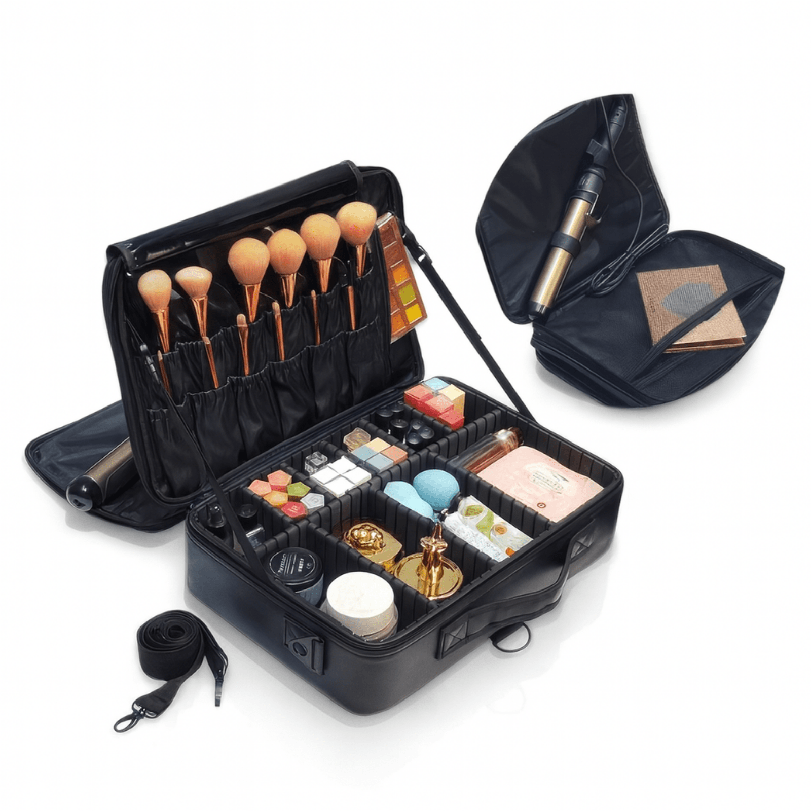 Grande trousse de toilette femme XXL noire avec compartiments pour maquillage et pinceaux
