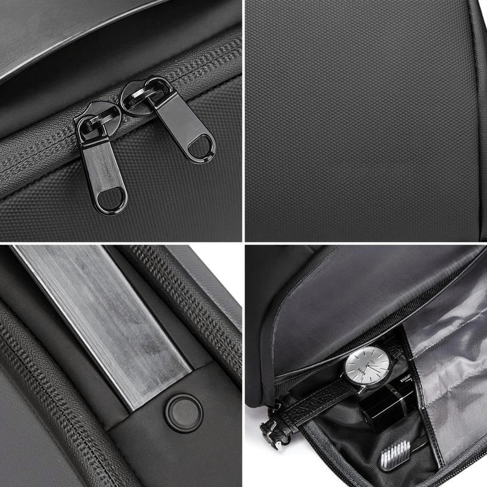 Détails de la trousse de toilette homme noire : fermetures, poignées et compartiments.