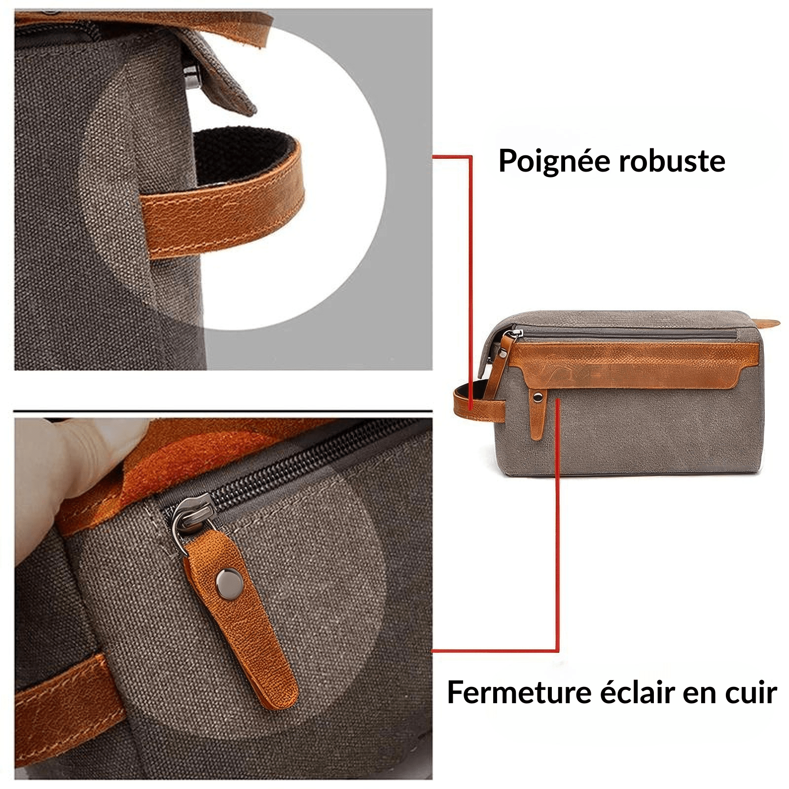 Détail fermeture éclair trousse de toilette homme rigide robuste