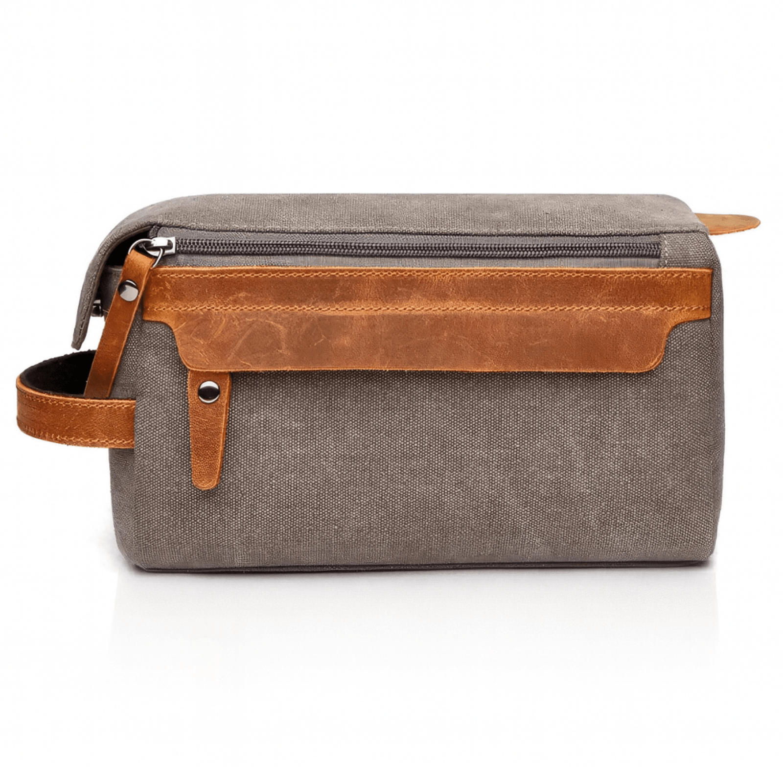 Trousse de toilette homme rigide grise élégante avec fermeture éclair et sangle en cuir marron