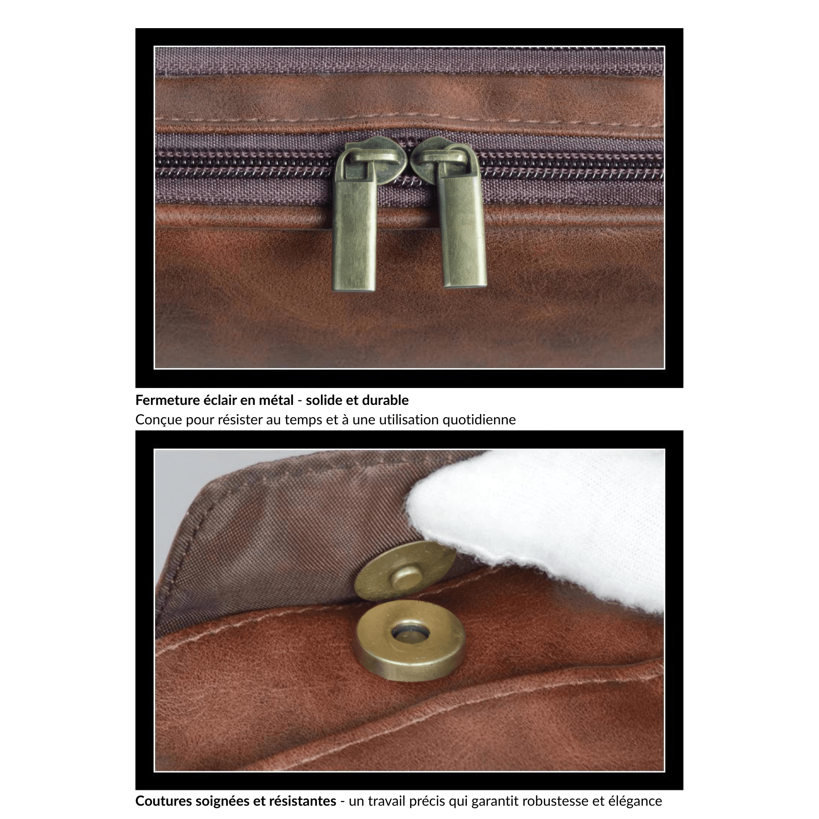 Trousse de toilette homme simili cuir marron avec fermeture éclair en métal et coutures résistantes