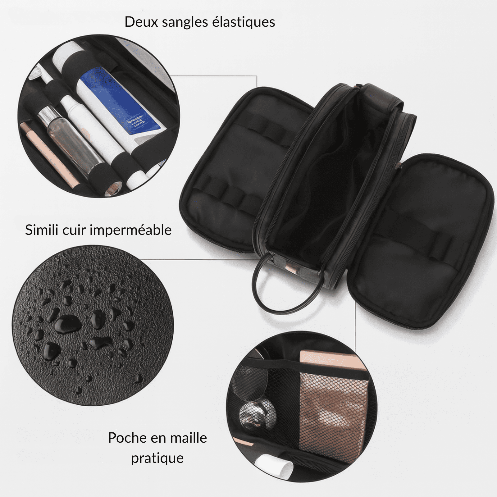 Intérieur de la trousse de toilette homme en simili cuir noir, poches en maille, sangles élastiques et matériau imperméable.