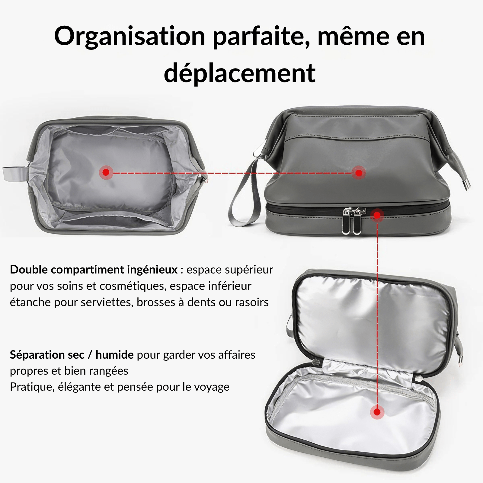 Organisation interne trousse de toilette homme sport avec séparation sec et humide et espace pour accessoires de rasage