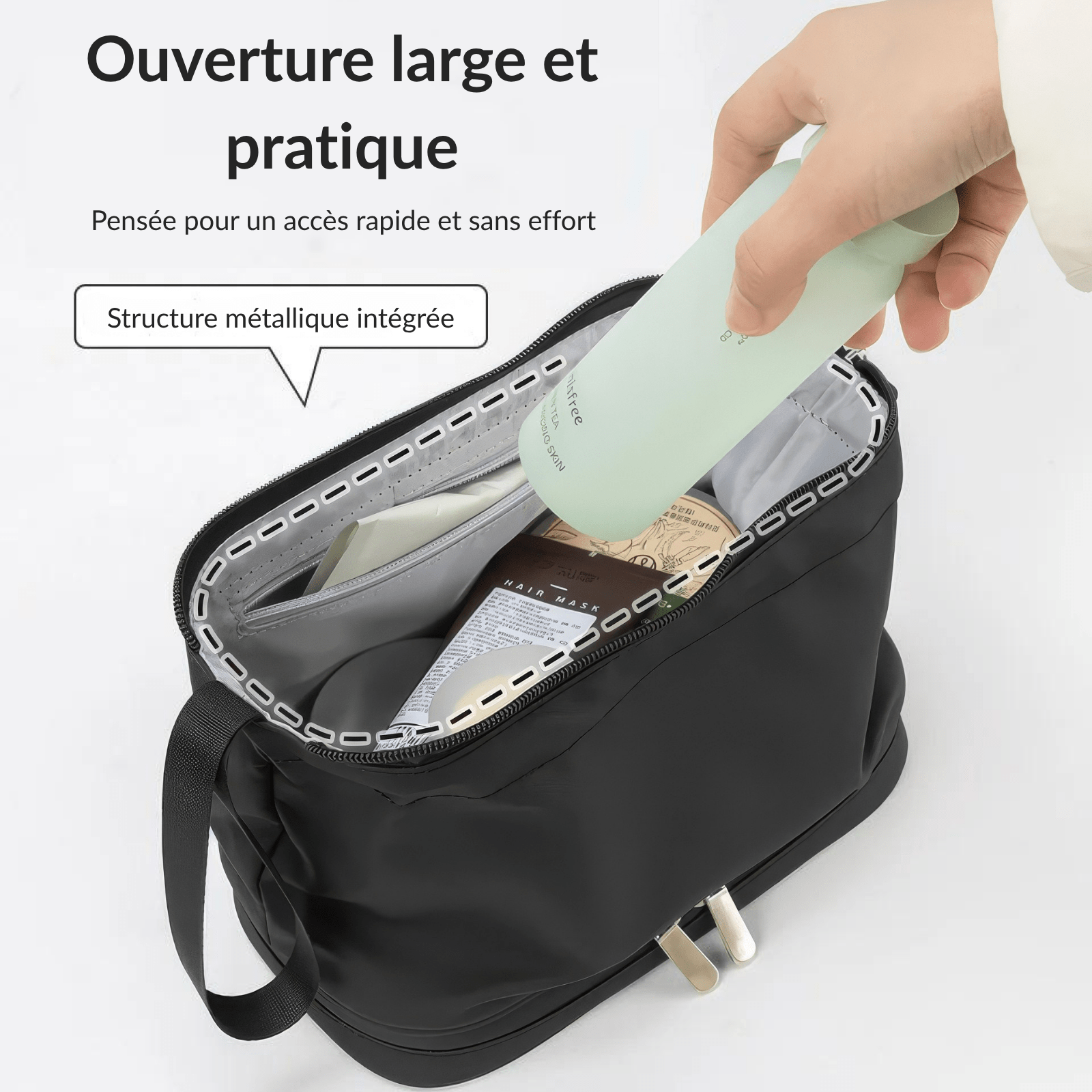 Trousse de toilette homme sport noire avec ouverture large et structure métallique intégrée pour un accès facile
