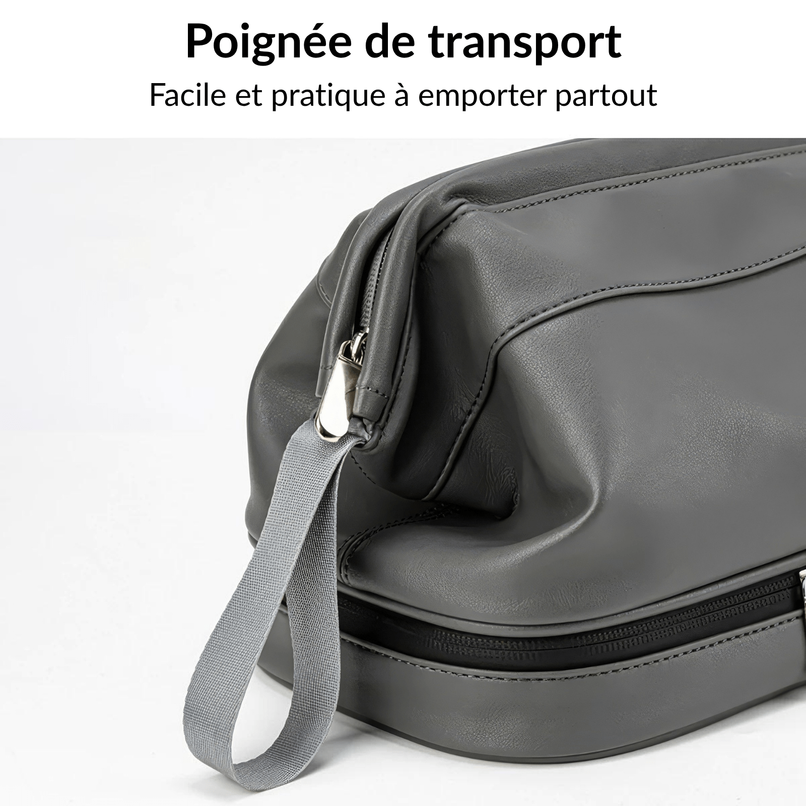 Trousse de toilette homme sport grise avec poignée latérale de transport pratique et attache métallique renforcée