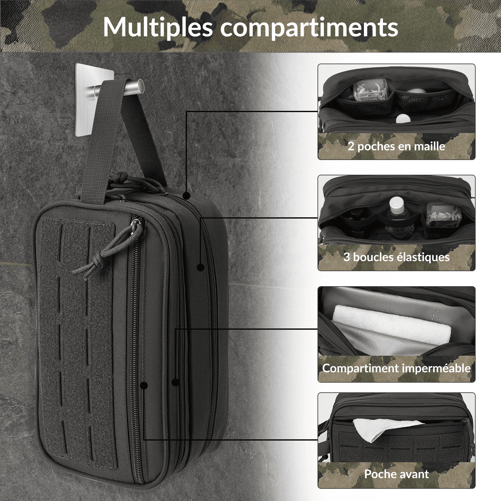 Trousse de toilette militaire noire avec multiples compartiments, poches en maille, boucles élastiques et compartiment imperméable, idéale pour le voyage ou le camping.