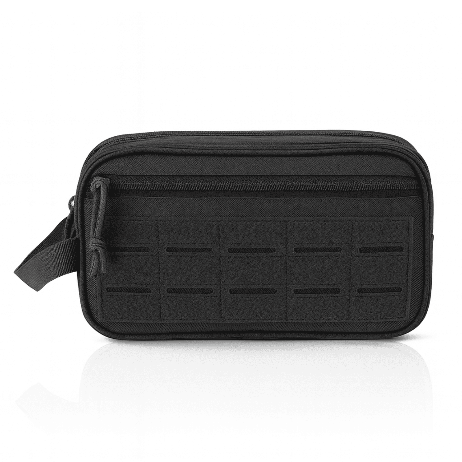 Trousse de toilette militaire noire vue de face, design tactique avec panneau velcro et poches multiples pour accessoires de voyage.