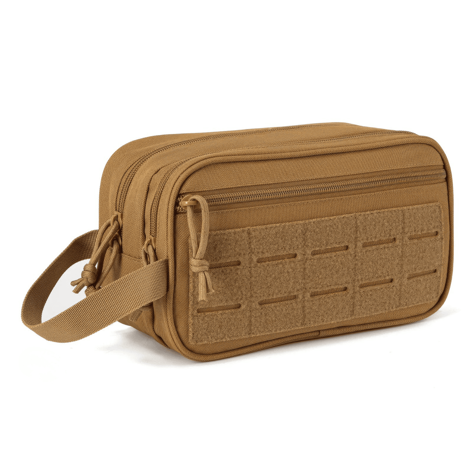 Trousse de toilette militaire couleur sable, format compact et résistant, compatible MOLLE et parfaite pour les déplacements outdoor.