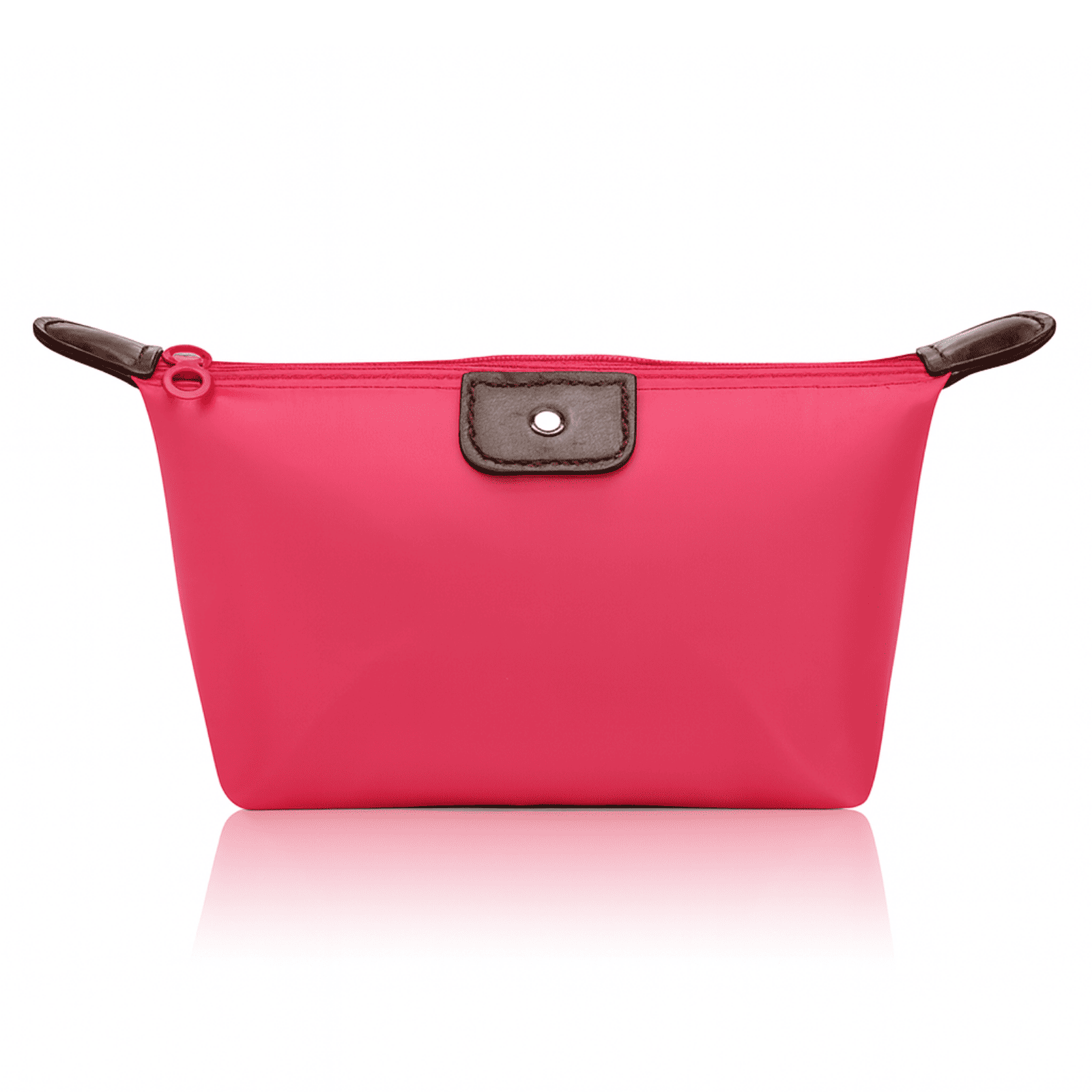 Trousse de toilette sport pour femme rose avec bouton pression et poignées marron