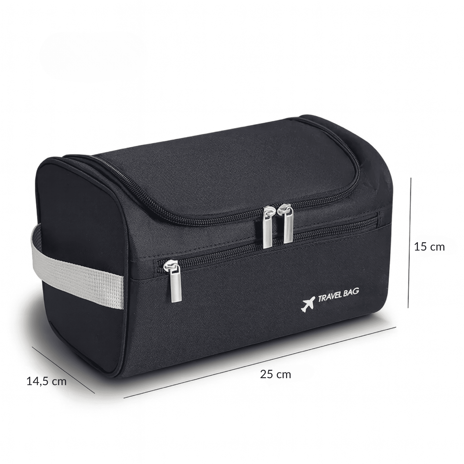 Dimensions trousse de toilette voyage avion noire 25 x 15 x 14,5 cm avec poignée latérale et poche avant