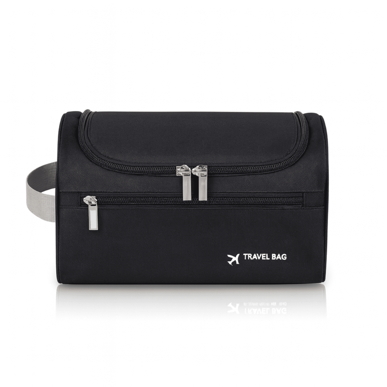 Trousse de toilette voyage avion noire vue de face avec logo Travel Bag et double fermeture éclair