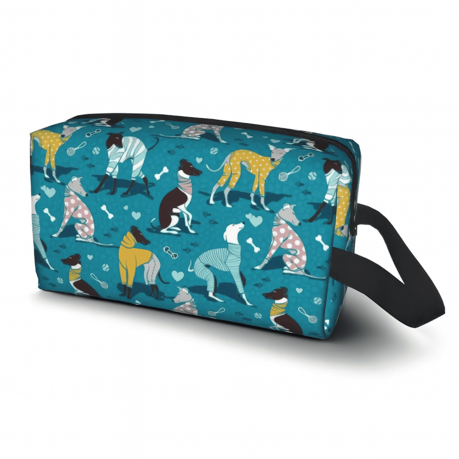 Trousse de toilette de voyage cabine motif chiens lévriers colorés, vue de trois-quarts montrant la forme rectangulaire et la poignée latérale noire.