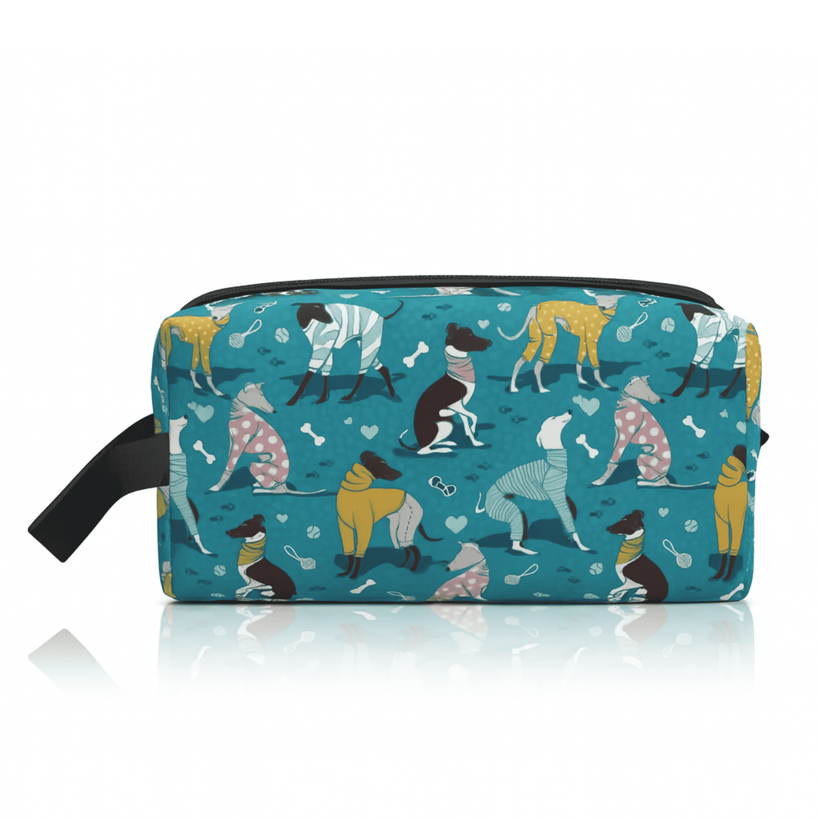 Trousse de toilette de voyage cabine pour femme et homme, motif chiens lévriers colorés sur fond bleu, format compact idéal pour valise cabine.